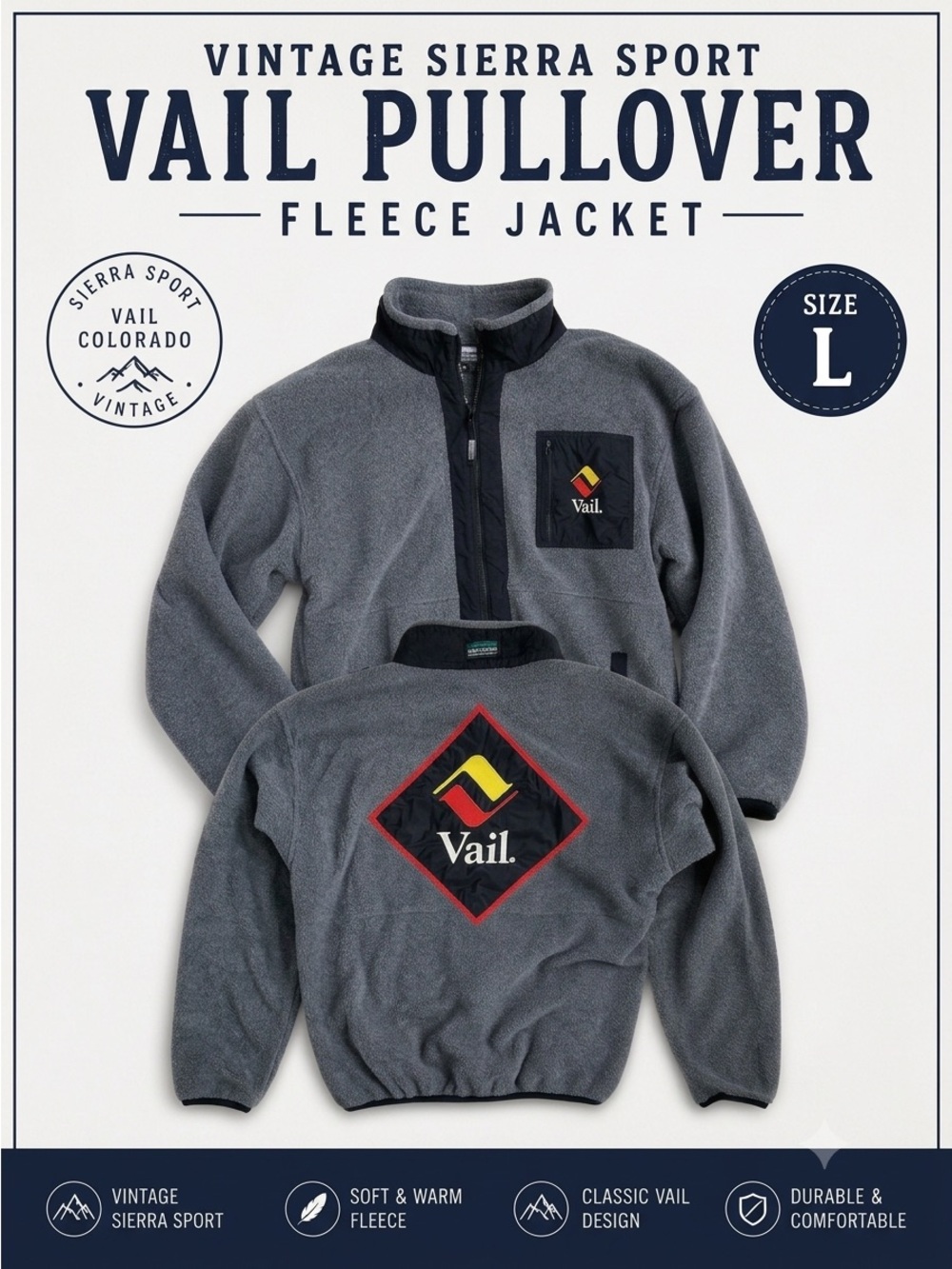SIERRA SPORT Vintage 90s Vail Ski Resort Fleece Pullover Jacket Deep Zip Mens L